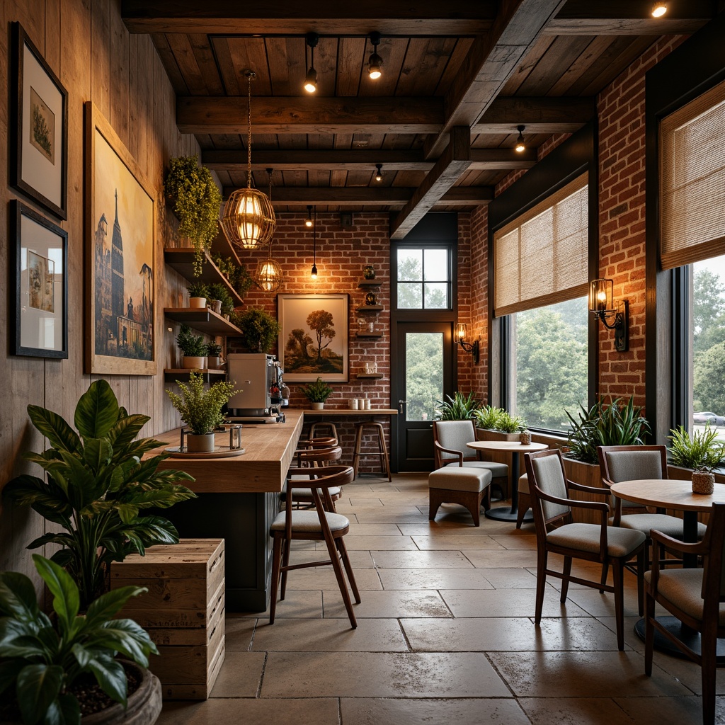 Prompt: Cozy coffee shop, warm earthy tones, reclaimed wood accents, vintage industrial lighting, distressed brick walls, eclectic artwork, rustic metal frames, woven textile banners, natural stone floors, lush greenery, pendant lamps, modern minimalist shelves, decorative wooden crates, aromatic coffee beans, soft warm lighting, shallow depth of field, 1/1 composition, realistic textures, ambient occlusion.