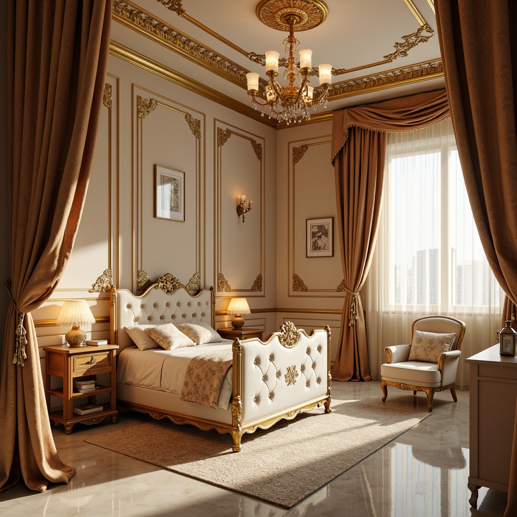 Prompt: Opulent baby nursery, rich velvet drapes, ornate golden chandeliers, soft warm candlelight, delicate crystal fixtures, lavish silk fabrics, creamy marble floors, intricately carved wooden furniture, elegant curved lines, subtle warm beige tones, gentle morning light, dramatic spotlights, luxurious satin bedding, majestic crown molding, whimsical mobiles, tender pastel colors, ornate picture frames, classic Renaissance-inspired patterns.