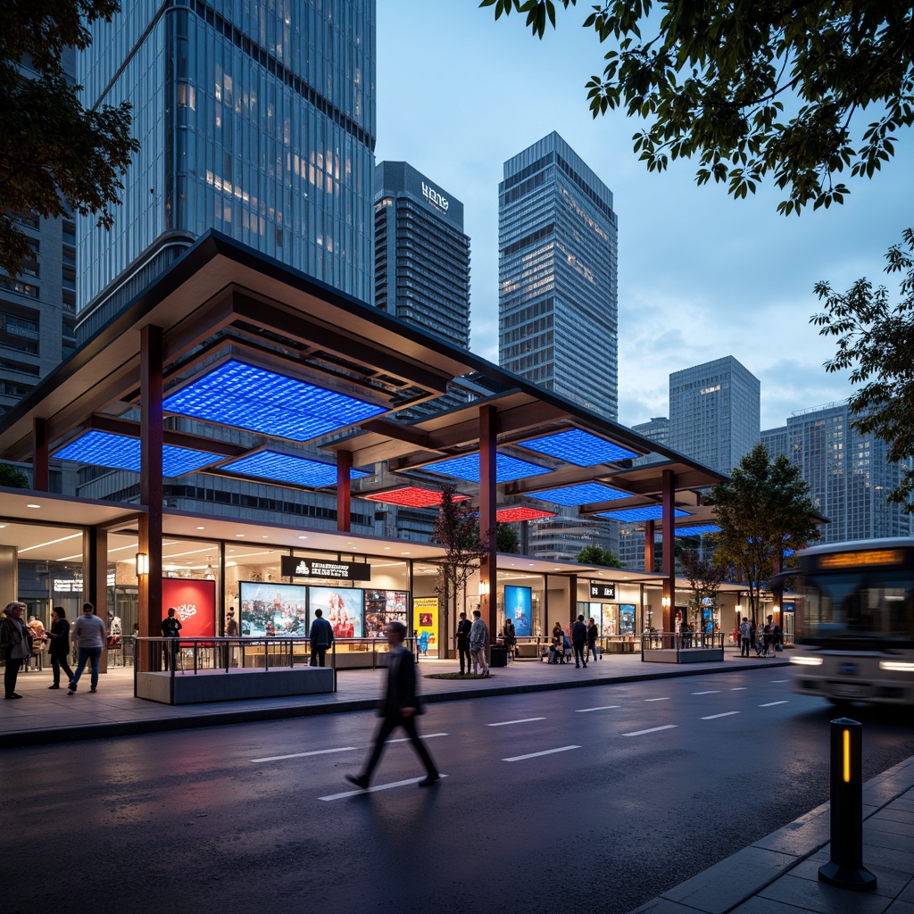 Prompt: Futuristic bus station, sleek metal framework, cantilevered roofs, angular lines, modern architecture, vibrant LED lighting, dynamic color schemes, futuristic signage, digital displays, urban landscape, bustling city streets, morning rush hour, soft warm glow, shallow depth of field, 3/4 composition, panoramic view, realistic textures, ambient occlusion.