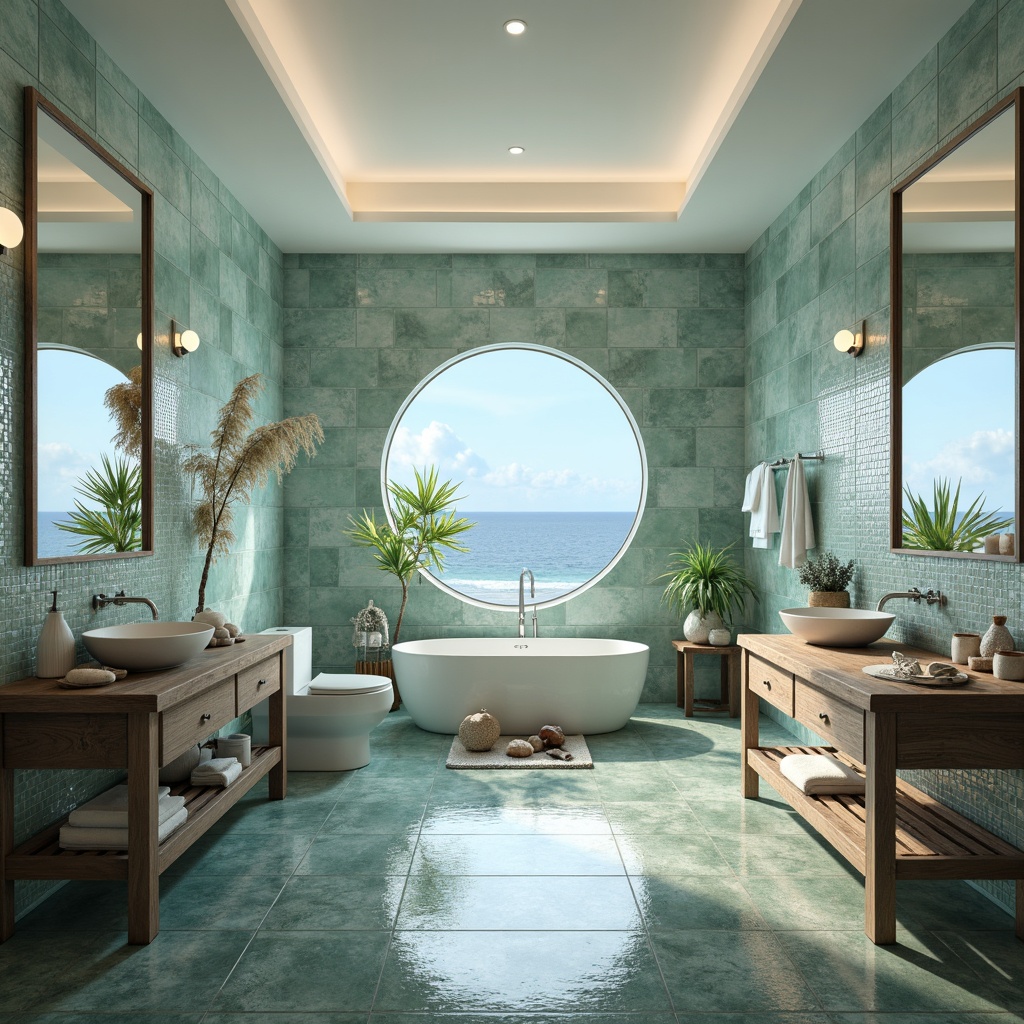 Prompt: \Serene coastal bathroom, soft blue-green hues, natural stone tiles, shell-inspired accents, driftwood vanities, ocean-breeze textures, glass tile mosaics, beachy ceramics, calming ambient lighting, 1/1 composition, shallow depth of field, realistic water effects, subtle wave patterns, gentle ocean sounds, spa-like atmosphere.\Let me know if this meets your expectations!