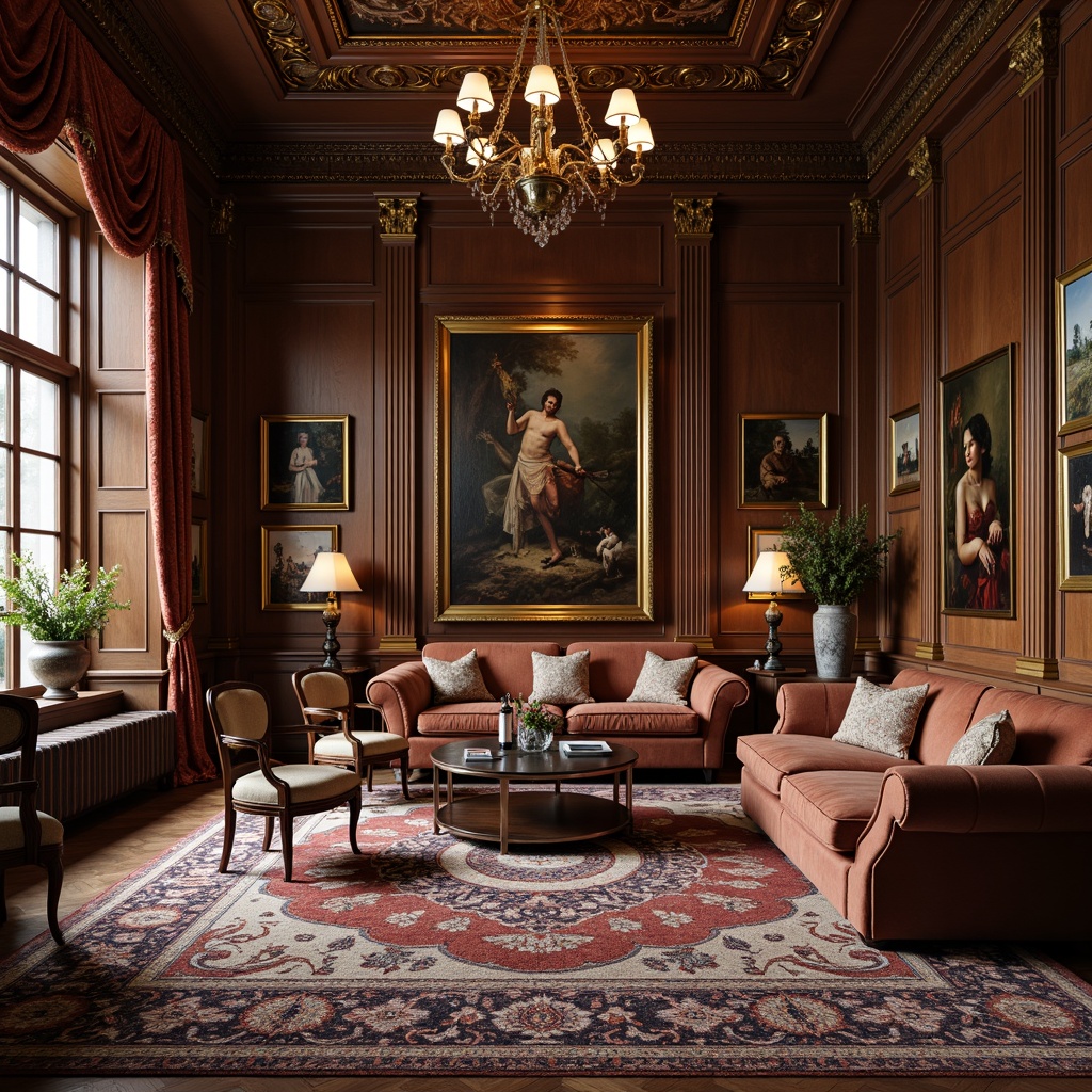 Prompt: Richly ornate traditional interior, luxurious furnishings, velvet drapes, carved wooden paneling, gilded frames, majestic chandeliers, intricate patterned rugs, statement wall art, oil paintings, gold leaf accents, distressed finishes, warm ambient lighting, soft focus blur, 1/2 composition, shallow depth of field, realistic textures, subtle color palette.