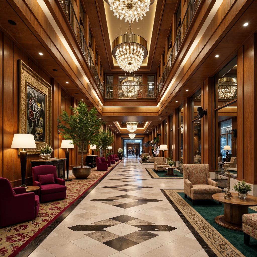 Prompt: Luxurious hotel lobby, metallic accents, polished marble floors, ornate chandeliers, geometric patterns, chevron designs, zigzag motifs, bold color schemes, lavish furnishings, velvet drapes, chrome details, sunburst mirrors, stylized typography, exotic wood grains, glamorous ambiance, warm golden lighting, shallow depth of field, 1/2 composition, symmetrical framing, opulent materials, vintage decorative elements.