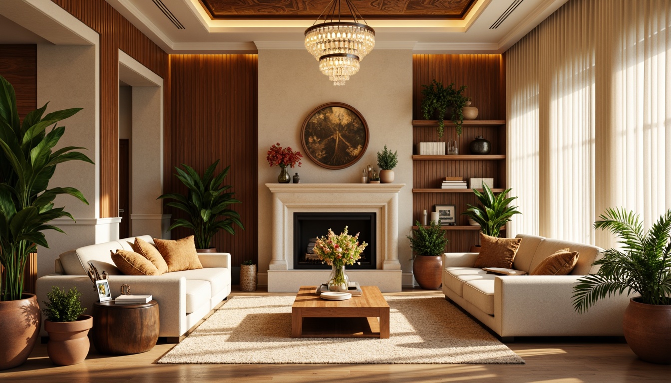 Prompt: Cozy living room, warm beige walls, rich walnut wood furniture, plush velvet sofas, soft golden lighting, creamy marble accents, elegant crystal chandeliers, natural fiber rugs, earthy terracotta pots, lush greenery, vibrant floral patterns, warm neutral colors, inviting atmosphere, shallow depth of field, 3/4 composition, realistic textures, ambient occlusion.