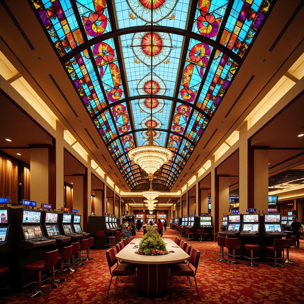 Prompt: Vibrant casino interior, Art Nouveau inspired stained glass ceiling, ornate metal framework, intricate floral patterns, kaleidoscope of colors, grand chandelier, luxurious carpets, curved lines, organic forms, opulent decorations, dramatic lighting effects, warm golden tones, soft focus, shallow depth of field, 1/1 composition, detailed textures, ambient occlusion.