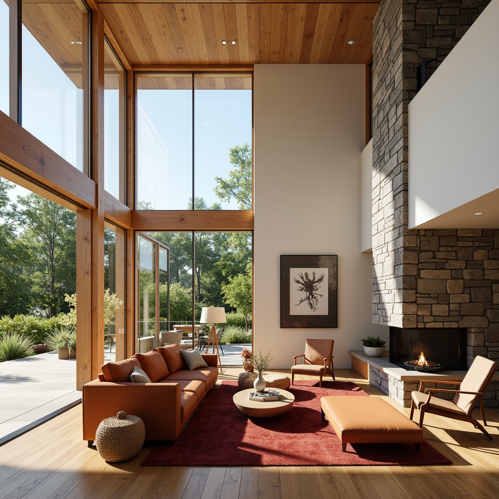 Prompt: Spacious living room, minimal ornamentation, large windows, sliding glass doors, open floor plan, high ceilings, natural materials, wooden floors, stone fireplace, retro-inspired furniture, curved lines, geometric patterns, bold color accents, abstract artwork, lush greenery, abundant natural light, warm atmosphere, soft diffused lighting, shallow depth of field, 1/1 composition, realistic textures, ambient occlusion.