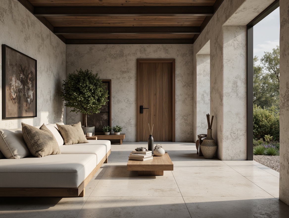 Prompt: Monochromatic minimalist interior, smooth concrete floors, rough-hewn stone walls, natural wood accents, industrial metal beams, sleek low-profile furniture, subtle textile patterns, earthy tone color palette, soft warm lighting, 1/1 composition, shallow depth of field, realistic renderings, ambient occlusion.