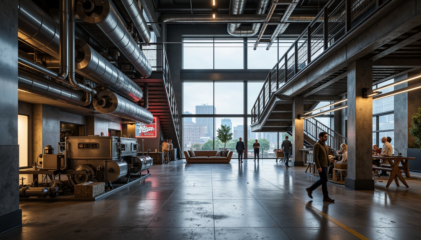 Prompt: Industrial chic factory interior, polished chrome accents, metallic silver tones, distressed concrete floors, exposed ductwork, reclaimed wood beams, minimalist industrial lighting, sleek metal staircases, futuristic machinery, neon-lit signage, urban cityscape views, cloudy day with soft diffused light, high contrast ratio, dramatic shadows, 1-point perspective composition, atmospheric misting effects, detailed metallic textures.