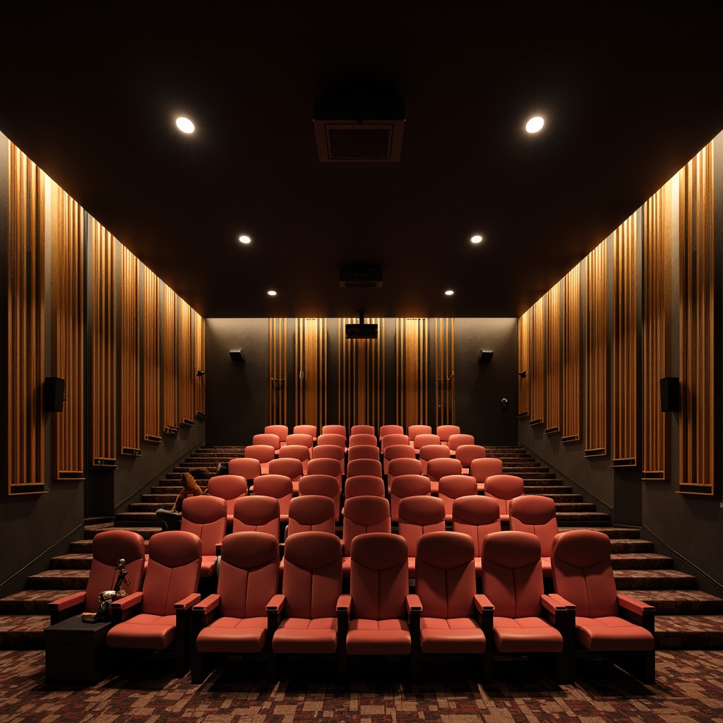 Prompt: Luxurious cinema interior, darkened atmosphere, premium sound quality, acoustic panels, diffusers, bass traps, soundproofing materials, tiered seating, plush velvet chairs, ornate golden details, high ceilings, subtle ambient lighting, warm neutral color scheme, rectangular room shape, reflective surfaces, precise sound calibration, 3D audio experience, cinematic immersion, realistic sound effects.