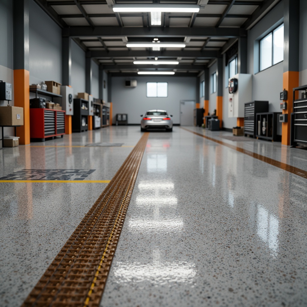 Prompt: Industrial-style garage interior, polished concrete floors, epoxy resin coatings, metallic flecks, high-gloss finishes, durable surfaces, heavy-duty flooring materials, oil-resistant properties, slip-resistant textures, drainage systems, stainless steel accents, modern industrial design, overhead lighting, 3/4 composition, shallow depth of field.