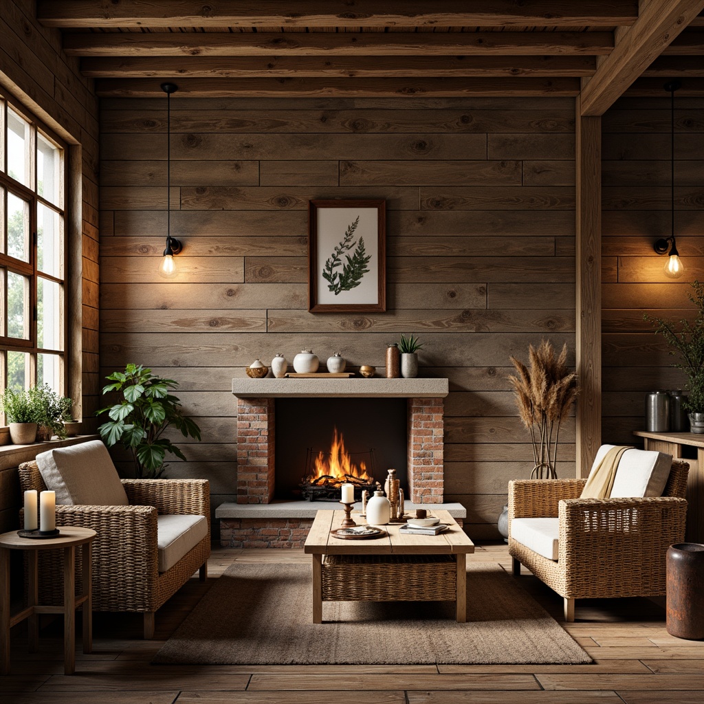 Prompt: Rustic wooden walls, reclaimed timber planks, earthy brown colors, natural stone accents, exposed brick textures, distressed finishes, vintage metal decor, woven wicker furniture, warm candle lighting, soft shadows, cozy atmosphere, 1/1 composition, shallow depth of field, realistic textures, ambient occlusion.