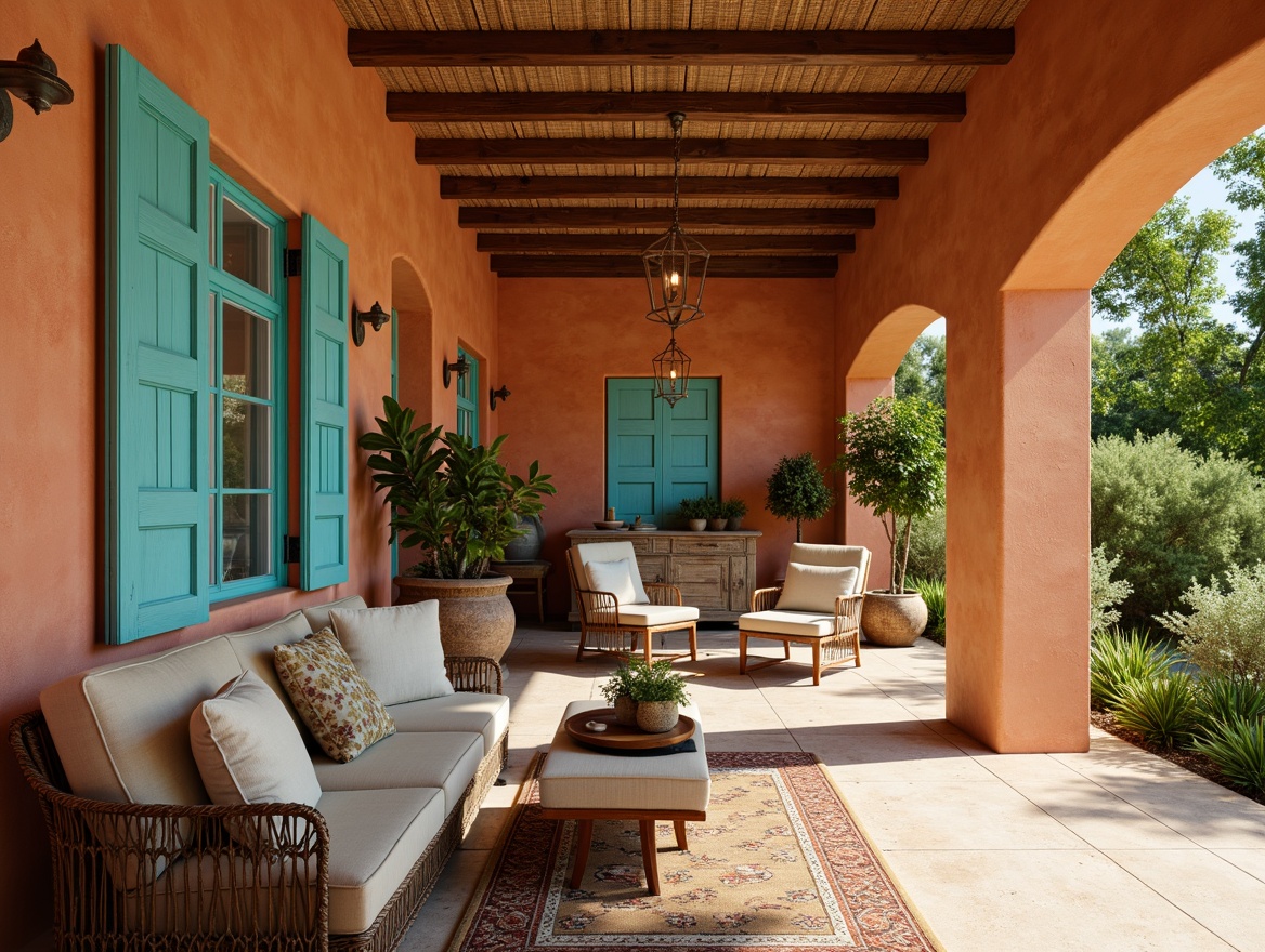 Prompt: Warm Mediterranean villa, earthy terracotta walls, soft blue shutters, ornate wooden doors, rustic stone flooring, vibrant turquoise accents, lush greenery, natural linen fabrics, distressed wood beams, warm golden lighting, cozy alcoves, plush velvet furniture, rich brocade textiles, intricate tile work, sunny day, shallow depth of field, 1/1 composition, realistic textures.