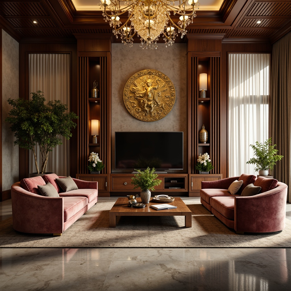 Prompt: Luxurious living room, bronze accents, sleek modern furniture, velvet upholstery, metallic sheen, ornate details, grand chandelier, marble flooring, rich wood paneling, lavish textiles, warm golden lighting, shallow depth of field, 1/1 composition, realistic reflections, ambient occlusion.