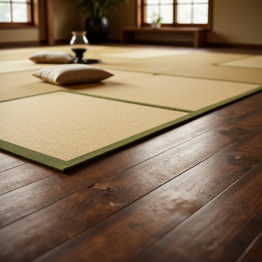 Prompt: Traditional Japanese tatami mats, natural bamboo flooring, rich dark hardwood floors, exotic wood grain patterns, minimalistic design aesthetic, subtle texture contrasts, warm beige tones, creamy whites, soft warm lighting, shallow depth of field, 1/1 composition, realistic textures, ambient occlusion.