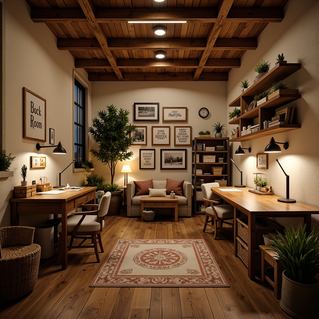 Prompt: Cozy craft room, wooden worktables, task lamps, soft warm lighting, natural textures, earthy tones, comfortable seating, inspirational quotes, creative storage solutions, organized supplies, vintage decorative items, rustic metal accents, reclaimed wood shelves, ambient occlusion, 1/1 composition, realistic materials, warm color palette, gentle shadows.