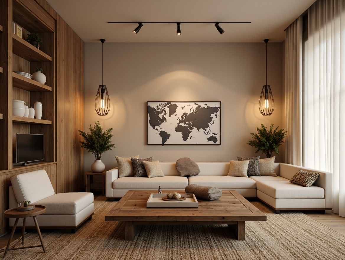 Prompt: Cozy modern living room, warm beige walls, comfortable sofas, rustic wooden coffee table, soft glow pendant lamps, industrial metal chandeliers, LED floor lights, minimalist track lighting, creamy white curtains, natural linen fabrics, woven basket textures, subtle ambient shadows, 1/2 composition, softbox lighting, realistic reflections.