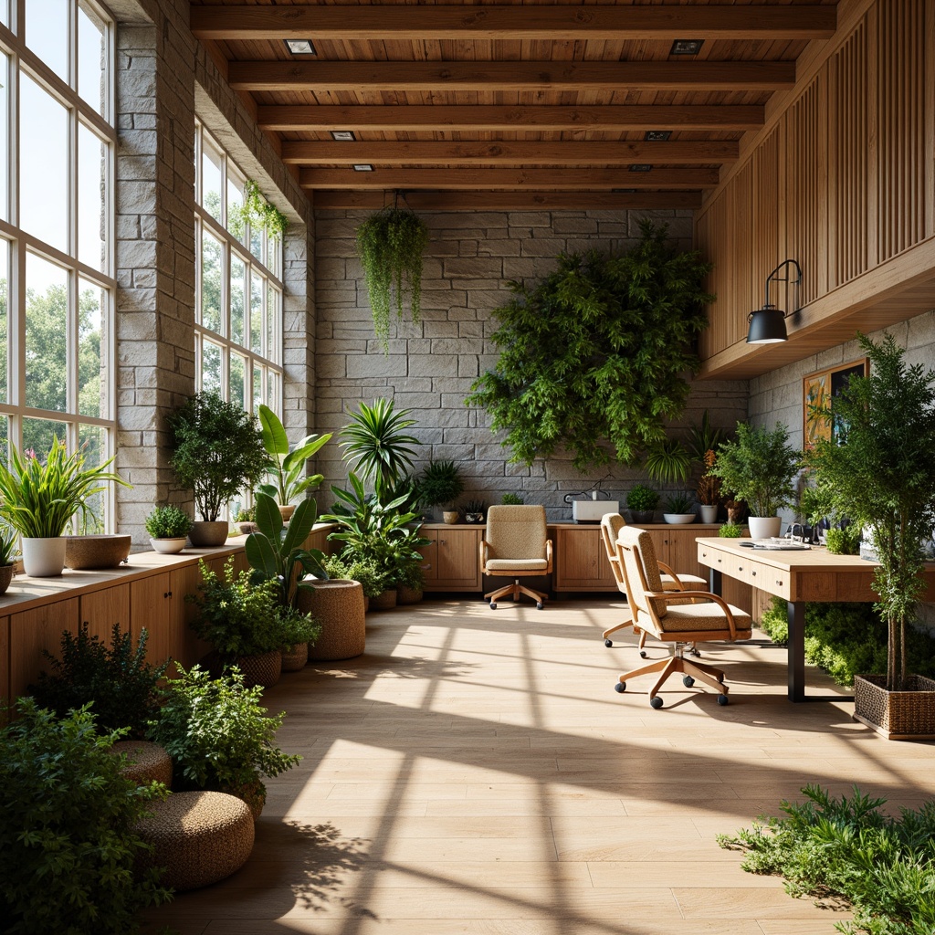 Prompt: Organic office space, natural stone walls, reclaimed wood furniture, living green walls, air-purifying plants, bamboo flooring, sound-absorbing acoustic panels, ergonomic wooden desks, comfortable woven fabric chairs, abundant natural light, soft warm lighting, 1/2 composition, shallow depth of field, realistic textures, ambient occlusion.