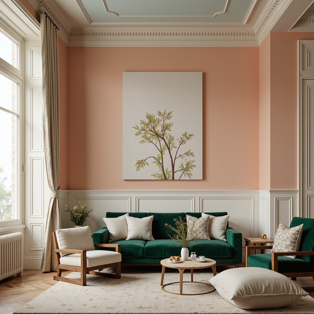 Prompt: Soft peach walls, creamy white trim, warm beige furniture, rich walnut wood accents, plush emerald green velvet, calming light blue ceilings, natural linen textiles, subtle gold metallic decor, delicate floral patterns, serene ambient lighting, shallow depth of field, 1/2 composition, realistic rendering, gentle color transitions.