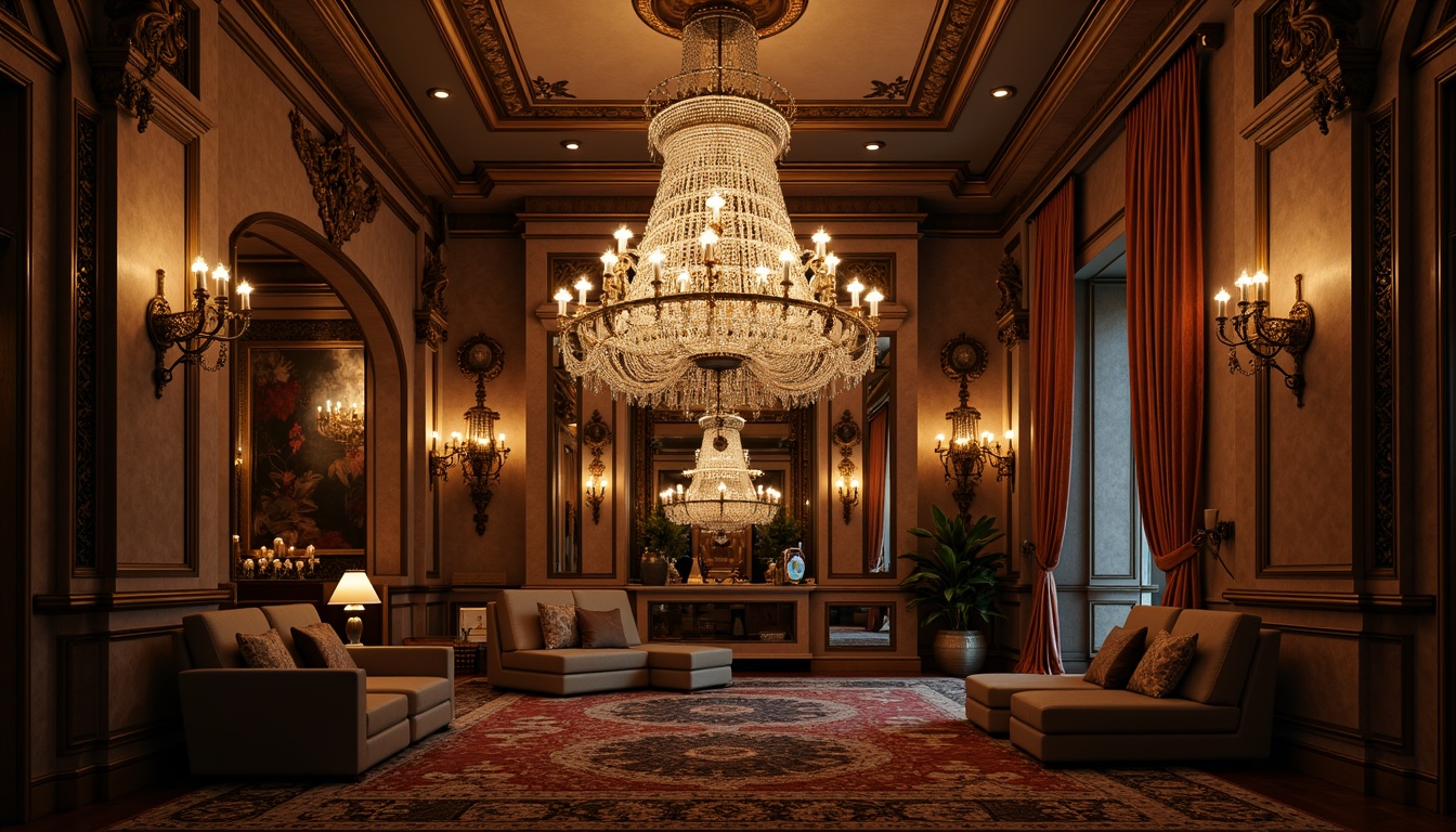 Prompt: Grand chandelier, crystal drops, ornate metalwork, gilded accents, luxurious fabrics, rich wood tones, lavish furnishings, dramatic ceiling height, majestic archways, opulent textiles, intricate carvings, warm golden lighting, soft candlelight, subtle shadows, 1/2 composition, intimate atmosphere, realistic reflections, ambient occlusion.