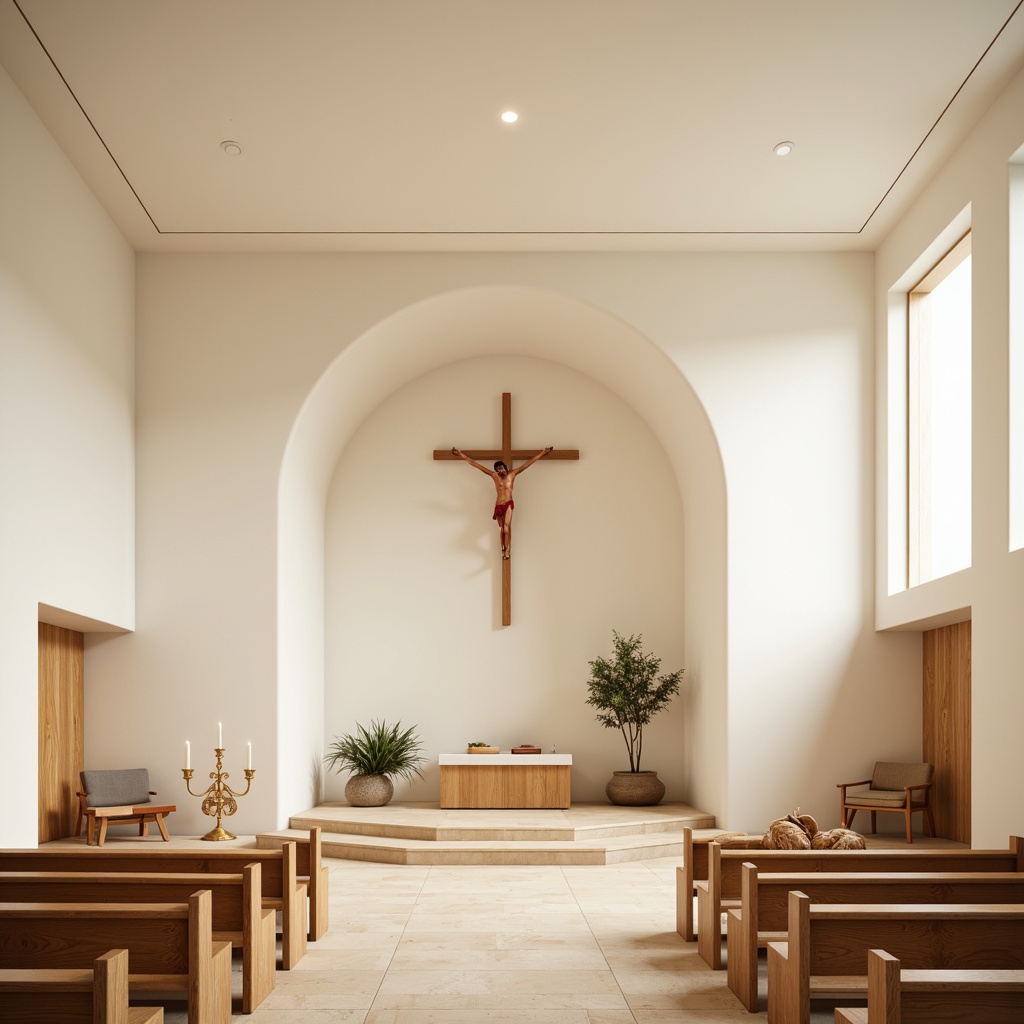 Prompt: Minimalist church interior, light-filled worship space, wooden benches, simple altar, Nordic-inspired crucifix, pale wood tones, cream-colored walls, subtle natural textures, elegant candlesticks, modern Scandinavian design, functional furniture pieces, sleek lines, minimal ornamentation, cozy ambiance, warm soft lighting, shallow depth of field, 1/2 composition, realistic wood grains, ambient occlusion.