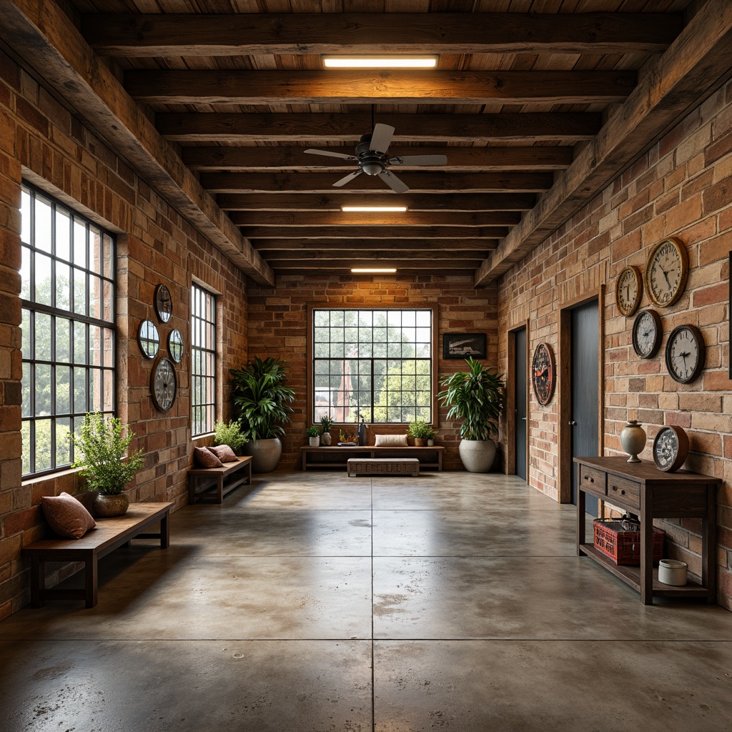 Prompt: Rustic garage interior, reclaimed wood accents, distressed wooden planks, earthy tone color palette, rough-hewn stone walls, industrial metal beams, vintage automotive decorations, rusty metal signs, concrete floors, epoxy resin coating, matte finish, low-maintenance materials, natural textures, warm ambient lighting, 1/1 composition, realistic reflections, subtle shading.