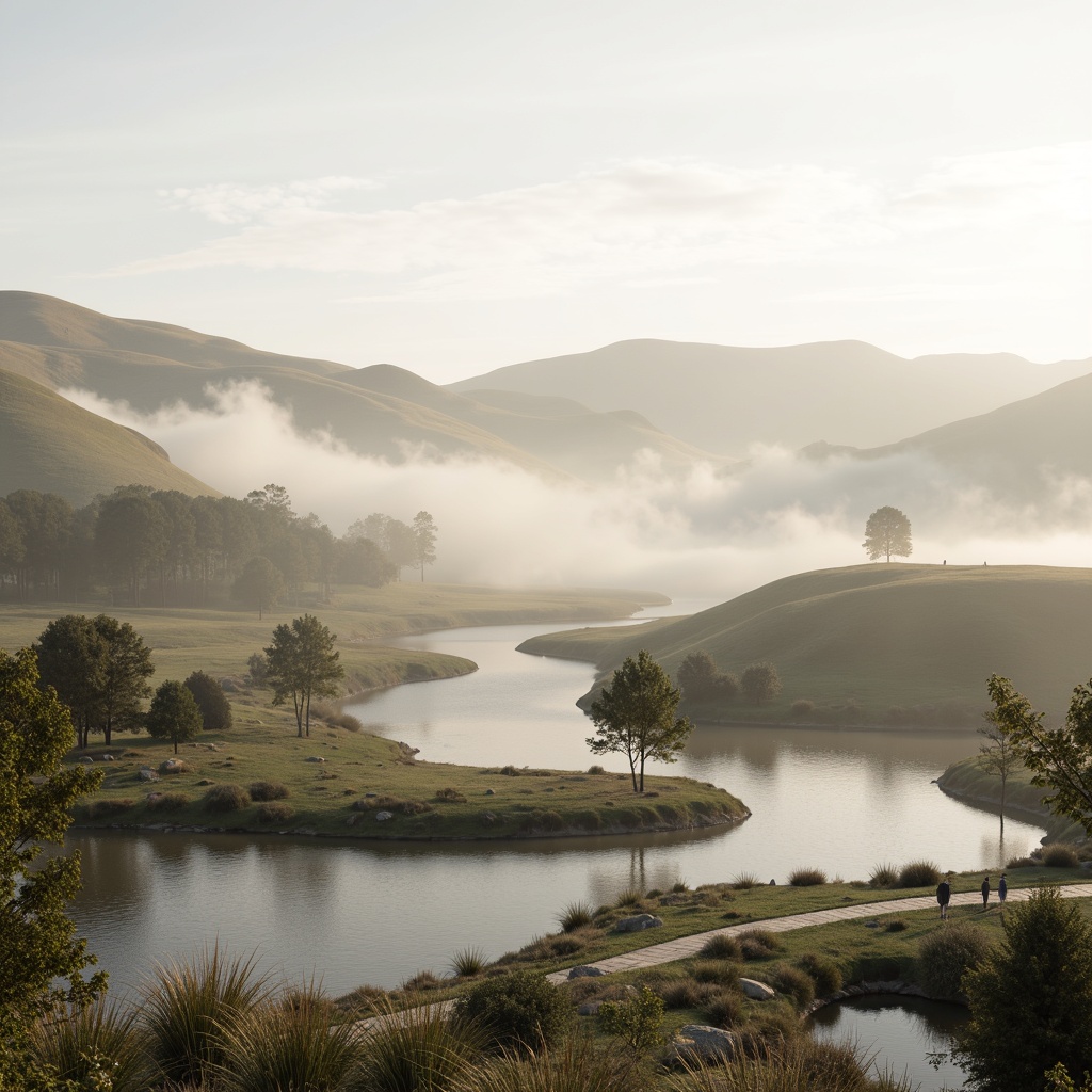 Prompt: Soft misty mornings, serene landscape, gentle rolling hills, calming water features, soothing color palette, pastel hues, creamy whites, light grays, warm beiges, pale blues, muted greens, subtle texture, natural materials, wooden accents, stone pathways, gentle sunlight, soft shadows, 1/1 composition, intimate atmosphere, realistic rendering.