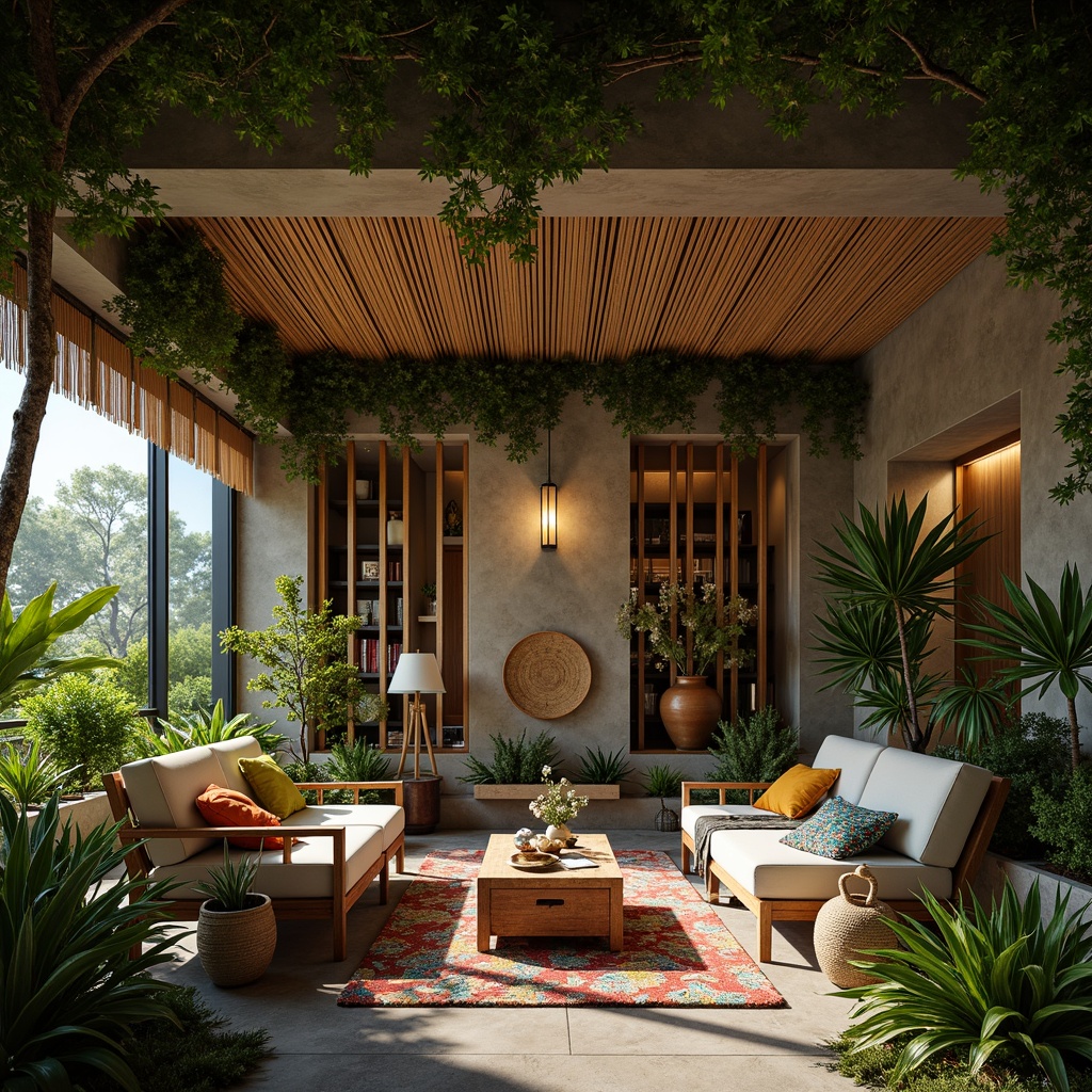 Prompt: Rich tropical interior, lush greenery, exotic wood accents, rattan furniture, vibrant colorful textiles, natural fibers, woven baskets, earthy tone walls, polished concrete floors, sleek metal decor, minimalist lighting fixtures, warm ambient glow, shallow depth of field, 3/4 composition, realistic textures, ambient occlusion, tropical plants, blooming flowers, soft warm lighting, relaxed atmosphere.