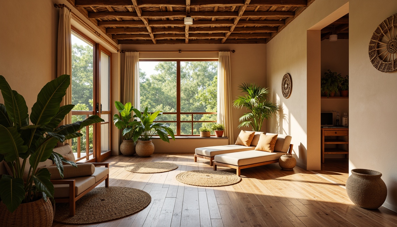 Prompt: Tropical apartment interior, warm beige walls, exotic wooden flooring, polished hardwood planks, bamboo textures, woven rattan patterns, natural fiber rugs, jute mats, Moroccan-inspired tiles, terracotta accents, earthy tone ceramics, lush greenery, potted plants, natural light pouring in, soft warm ambiance, cozy reading nook, 1/1 composition, warm color palette, realistic wood grain.