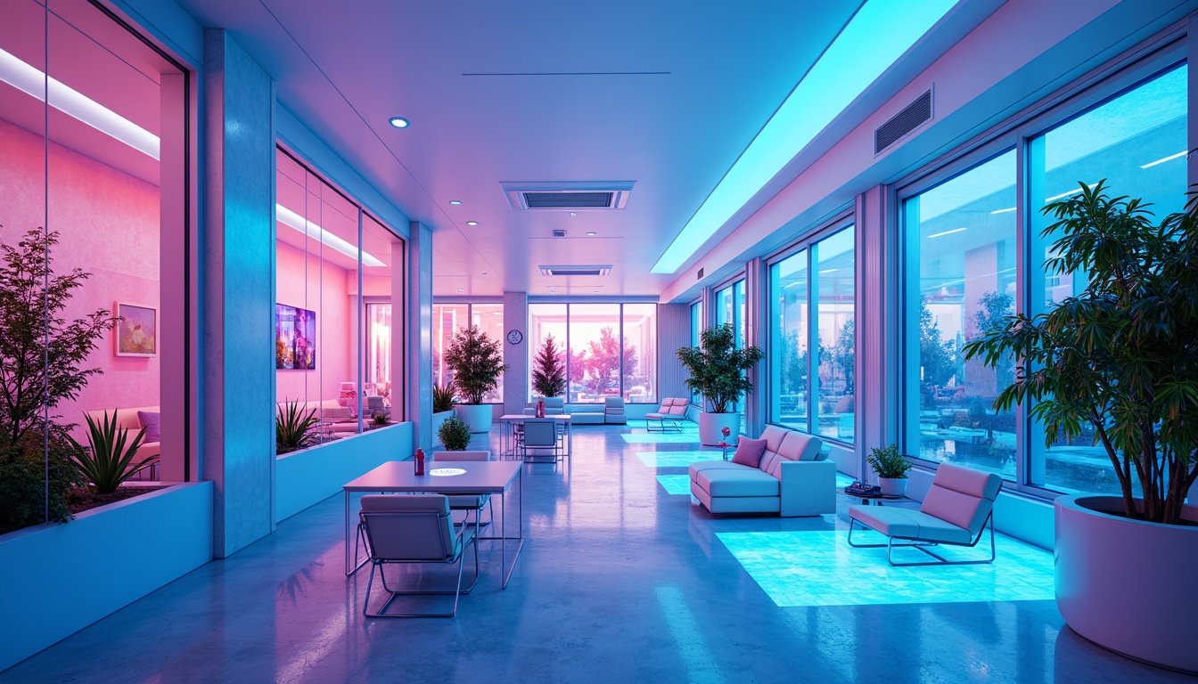 Prompt: Vibrant sunroom interior, neon-lit futuristic ambiance, electric blue accents, luminescent white walls, metallic silver trims, glass roof, transparent floor-to-ceiling windows, sleek minimalist decor, retro-futuristic furniture, holographic patterns, iridescent color shifts, radiant light beams, ambient glow, shallow depth of field, 1/1 composition, panoramic view, hyper-realistic textures, advanced atmospheric effects.