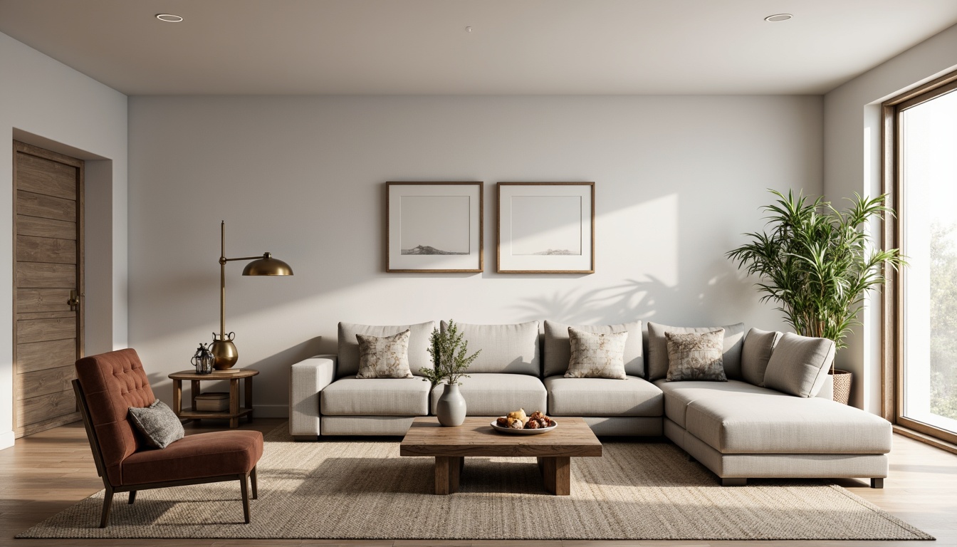 Prompt: \Elegant living room, neutral color palette, comfortable sectional sofa, reclaimed wood coffee table, tufted velvet armchair, metallic accents, minimalist decor, natural fiber rugs, soft warm lighting, 1/1 composition, shallow depth of field, realistic textures, ambient occlusion.\