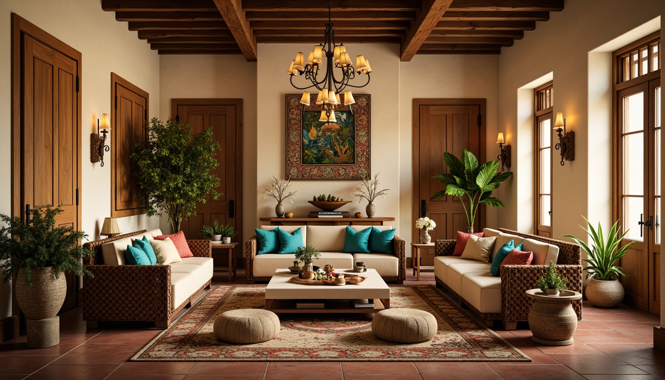 Prompt: Cozy family room, warm beige walls, plush velvet sofas, ornate wooden furniture, rustic terracotta floors, vibrant turquoise accents, intricate Moorish patterns, natural linen fabrics, soft golden lighting, Mediterranean-inspired tapestries, lush greenery, potted plants, woven rattan baskets, distressed wood textures, earthy color palette, warm ambient atmosphere, shallow depth of field, 3/4 composition, realistic render.