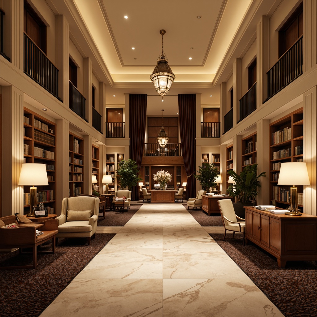 Prompt: Elegant academic hotel lobby, rich wood accents, luxurious velvet fabrics, warm beige walls, sophisticated neutral tones, subtle golden lighting, refined marble floors, classic columns, ornate chandeliers, comfortable plush armchairs, stylish wooden desks, vintage leather-bound books, soft warm afternoon light, shallow depth of field, 1/2 composition, realistic textures, ambient occlusion.Let me know if this meets your requirements!