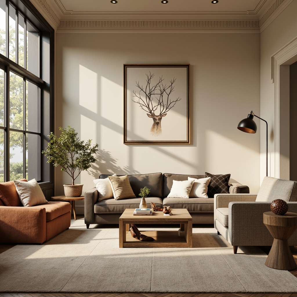 Prompt: Cozy living room, plush sofa, reclaimed wood coffee table, velvety armchairs, minimalist side tables, industrial metal lamps, warm beige walls, soft cream carpets, natural light pouring in, 1/1 composition, realistic textures, ambient occlusion.