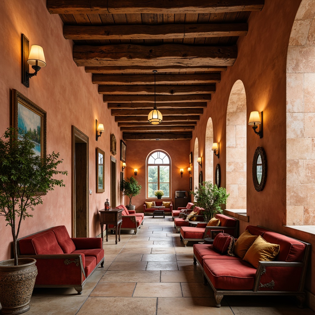 Prompt: Warm terracotta walls, soft creamy whites, rich turquoise accents, earthy sienna tones, weathered wood beams, natural stone flooring, plush velvet furnishings, ornate metalwork, warm golden lighting, shallow depth of field, 3/4 composition, inviting cozy atmosphere, rustic charm, vintage decorative elements.