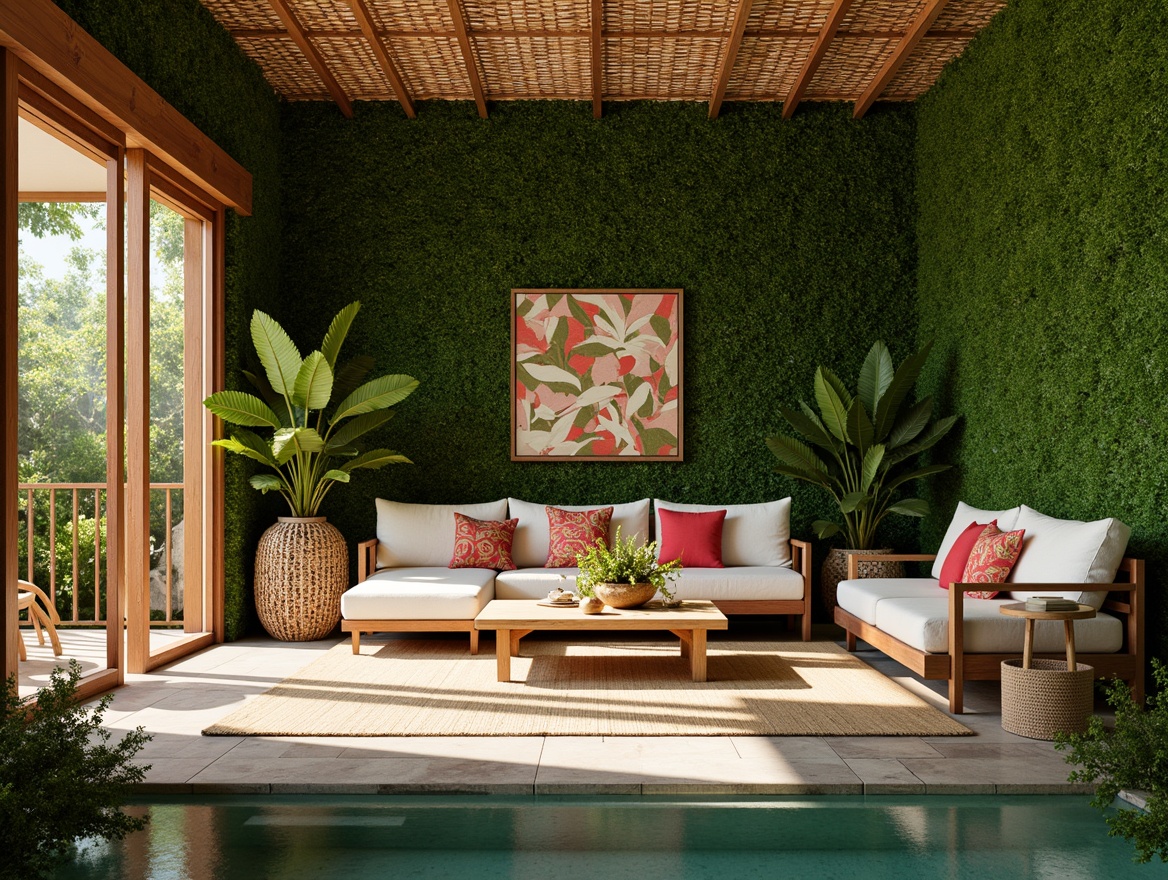 Prompt: Vibrant tropical setting, lush green walls, exotic plants, natural wood accents, rattan furniture, wicker decor, colorful textiles, jungle-inspired patterns, bright coral colors, soft warm lighting, shallow depth of field, 3/4 composition, panoramic view, realistic textures, ambient occlusion, modern interior design, floor-to-ceiling windows, sliding glass doors, indoor water features, natural stone floors, woven bamboo ceiling, earthy tone color palette.