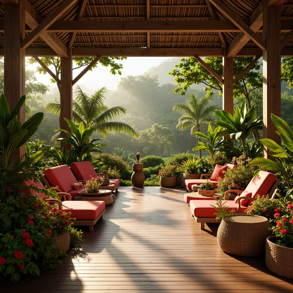 Prompt: Vibrant tropical plants, exotic flowers, wooden accents, natural textiles, woven baskets, rattan furniture, colorful tiki torches, palm tree silhouettes, bright coral hues, sunny island vibes, laid-back atmosphere, open-air spaces, lush greenery, misty rainforest ambiance, warm golden lighting, shallow depth of field, 3/4 composition, realistic textures, ambient occlusion.