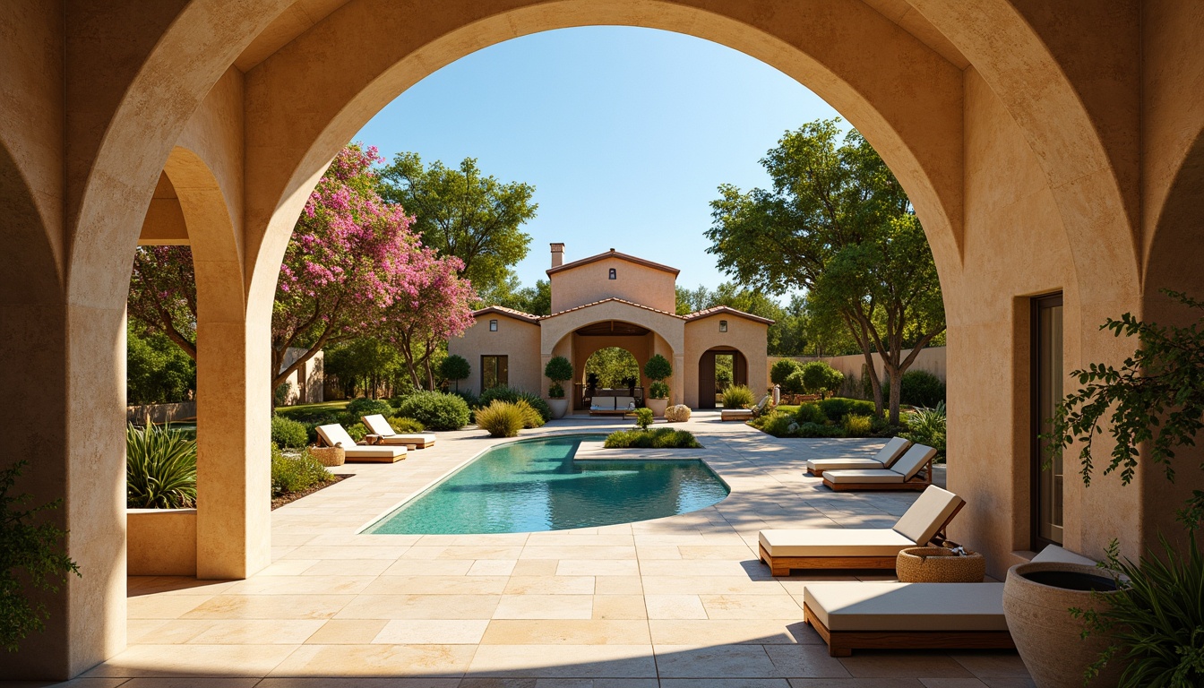 Prompt: Warm Mediterranean villa, curved archways, rustic stone walls, terracotta roofs, lush greenery, vibrant bougainvillea flowers, turquoise waters, soft sandy beaches, warm golden lighting, shallow depth of field, 3/4 composition, realistic textures, ambient occlusion, earthy tones, sunny yellow, sky blue, dusty rose, olive green, weathered wood accents, distressed stonework, ornate metal details.