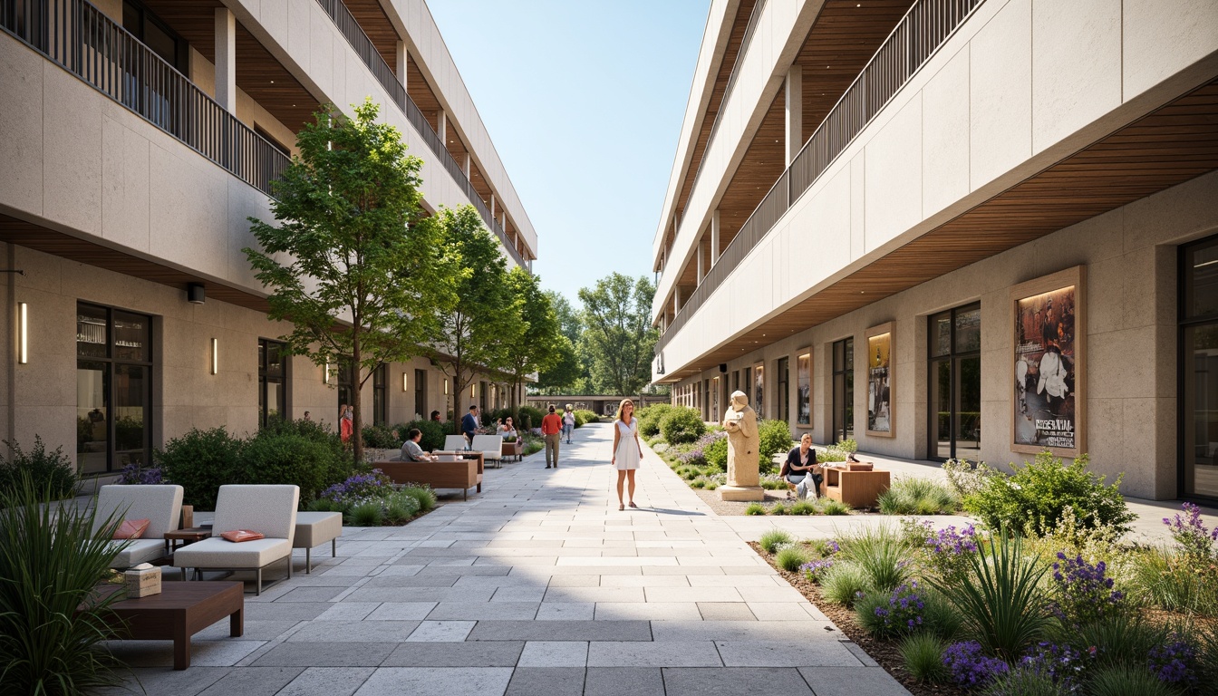 Prompt: Campus courtyard, modern minimalist architecture, clean lines, open spaces, natural stone flooring, sleek metal railings, vibrant greenery, abstract sculptures, educational signage, comfortable seating areas, collaborative learning zones, flexible modular furniture, warm LED lighting, shallow depth of field, 3/4 composition, panoramic view, realistic textures, ambient occlusion.