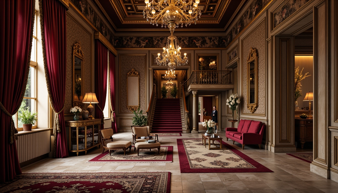 Prompt: Luxurious interior space, opulent furnishings, intricately carved wooden panels, gilded accents, ornate chandeliers, plush velvet fabrics, marble flooring, grand staircases, sweeping archways, lavish drapery, richly patterned rugs, metallic leafing, Baroque-inspired motifs, soft warm lighting, dramatic shadows, high-contrast textures, 1/1 composition, realistic reflections, ambient occlusion.