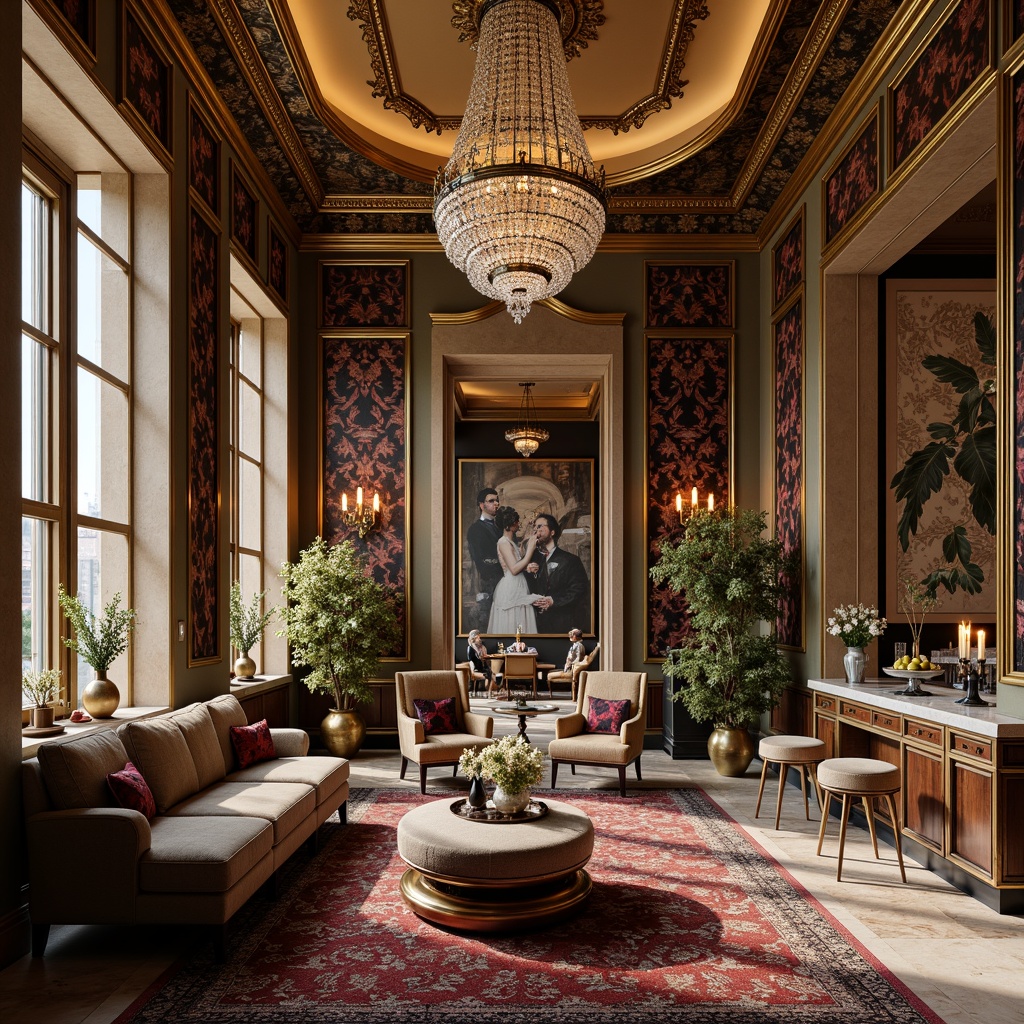 Prompt: Luxurious interior space, ornate furnishings, intricate patterns, lavish textiles, golden accents, crystal chandeliers, marble countertops, plush area rugs, statement walls, bold color schemes, eclectic artwork, metallic finishes, ambient lighting, shallow depth of field, 1/1 composition, soft focus, warm color temperatures.