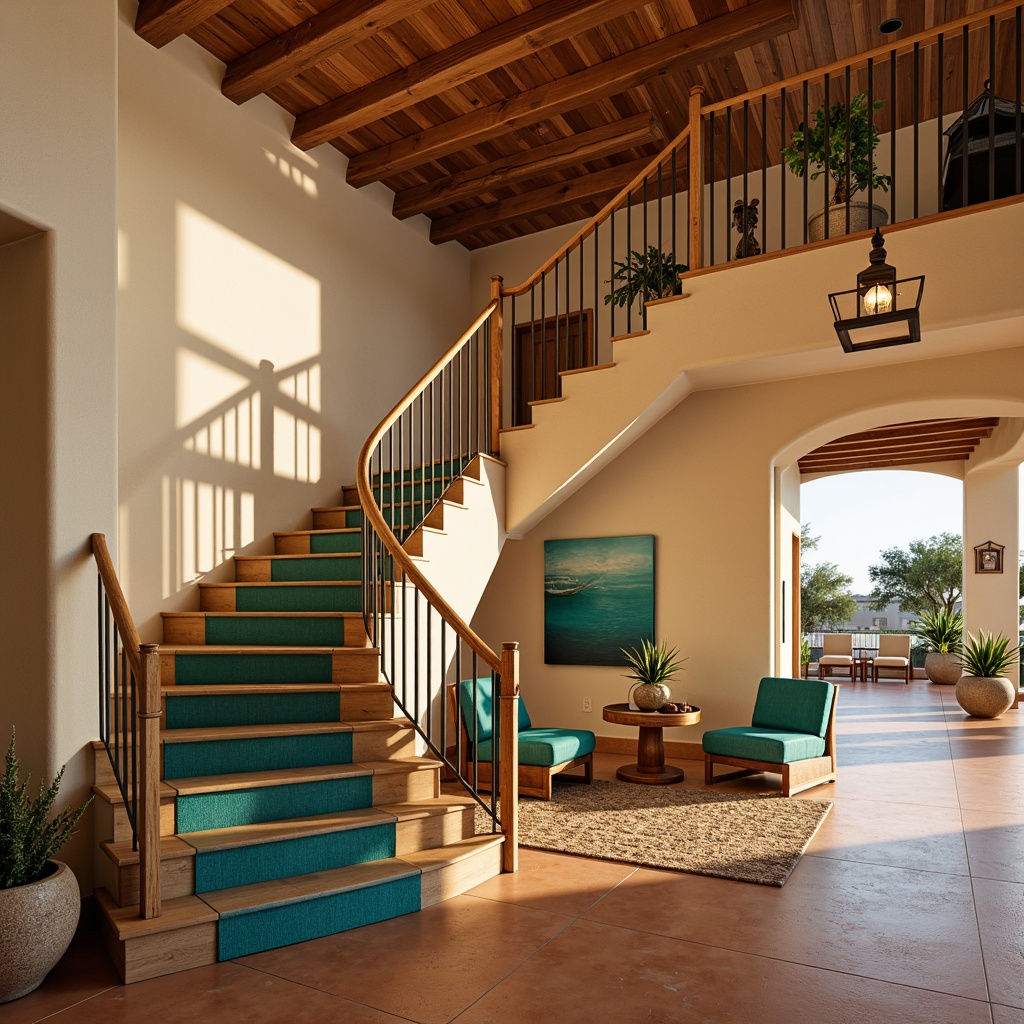 Prompt: Earth-toned wooden handrails, wrought iron balusters, terracotta tiled landings, vibrant turquoise accents, natural fiber carpeting, warm beige walls, rustic wood ceilings, statement lighting fixtures, grand spiral staircase, open floor plans, minimalist decor, desert botanicals, cactus arrangements, warm golden hour lighting, soft focus photography, 1/2 composition, atmospheric perspective.