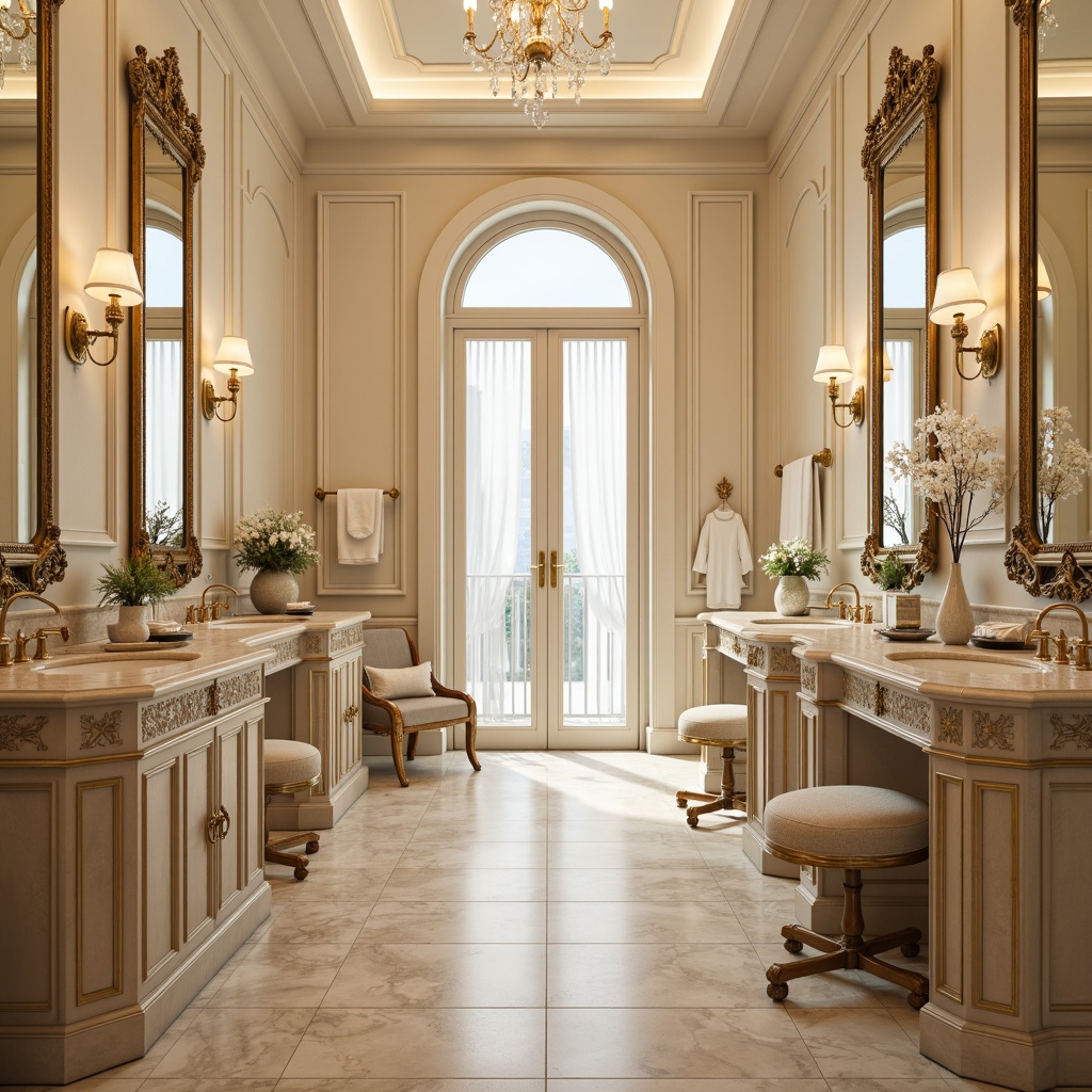 Prompt: Luxurious bathroom, marble countertops, soft cream walls, warm beige floors, golden fixtures, ornate mirrors, elegant chandeliers, subtle floral patterns, rich wood cabinetry, sparkling crystal accessories, gentle natural light, warm white lighting, shallow depth of field, 1/2 composition, realistic textures, ambient occlusion.