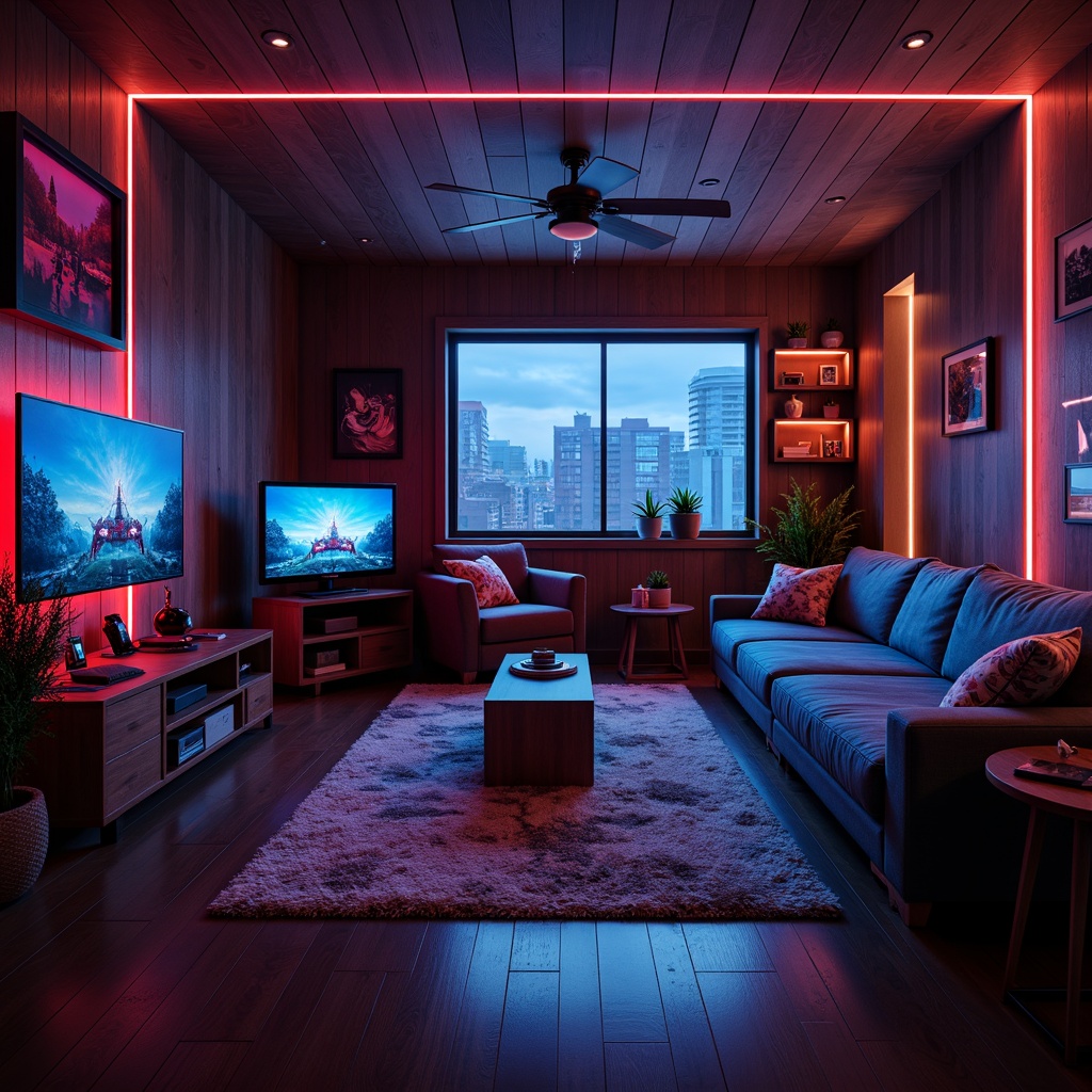 Prompt: Cozy game room, dark wood accents, neon-lit gaming stations, comfortable couches, vibrant color schemes, sleek TV stands, modern minimalist decor, functional shelving units, organized cable management systems, soft warm lighting, shallow depth of field, 1/1 composition, realistic textures, ambient occlusion.