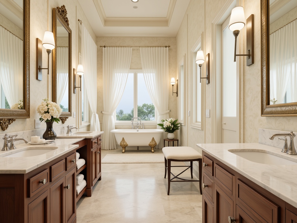 Prompt: Marble countertops, white Carrara tiles, polished chrome fixtures, ornate mirrors, soft cream-colored walls, classic pedestal sinks, freestanding tubs, wooden cabinetry, warm beige flooring, subtle texture contrasts, elegant archways, refined molding details, ambient natural lighting, soft focus, shallow depth of field, 1/1 composition, warm color palette, realistic materials, subtle reflections.