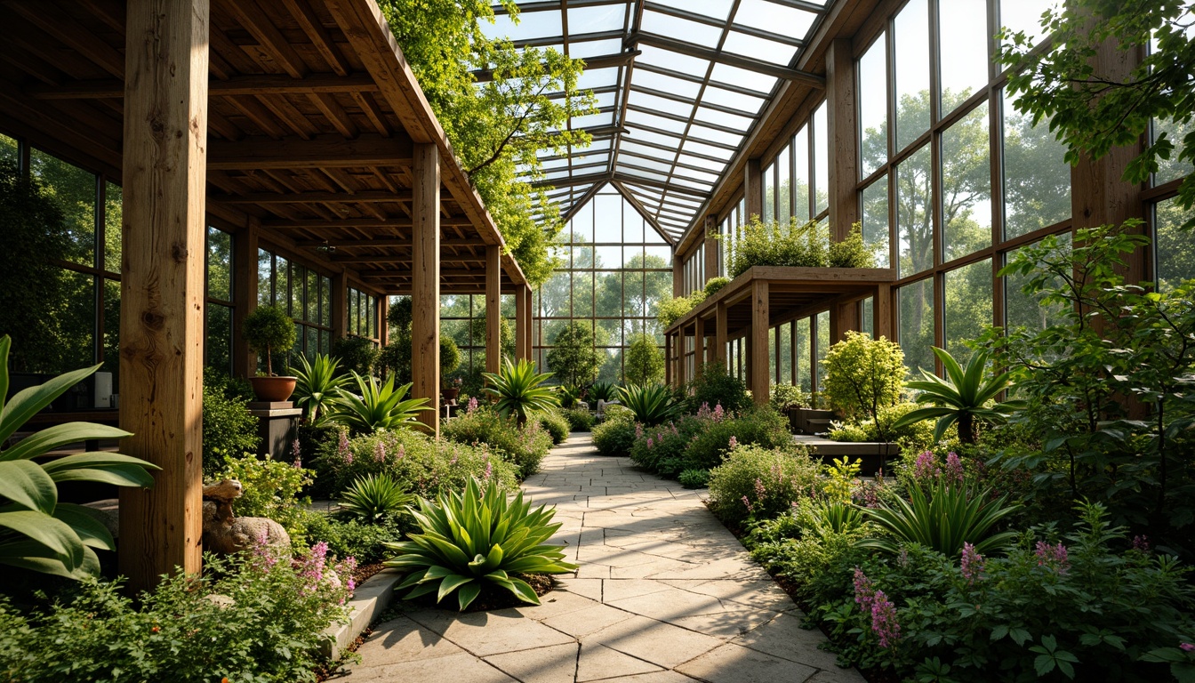 Prompt: Vibrant botanical garden, lush green foliage, delicate flowers, tropical plants, natural stone pathways, wooden trellises, glass roof, clerestory windows, abundant sunlight, warm soft lighting, gentle shadows, 1/1 composition, intimate view, realistic textures, ambient occlusion, rustic metal frames, earthy color palette, organic shapes, whimsical decorations, eclectic accessories.