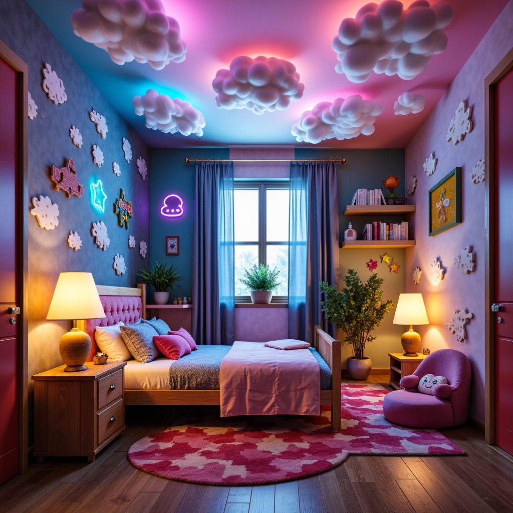 Prompt: Whimsical kids' bedroom, playful color scheme, eclectic furniture, cartoon-inspired wallpaper, fantastical lighting fixtures, cloud-shaped lampshades, primary-colored table lamps, neon-lit ceiling installations, glow-in-the-dark star stickers, oversized floor lamps, rounded corner shelves, wavy patterned rugs, cozy reading nooks, softbox lighting, warm white illumination, 1/1 composition, shallow depth of field, vibrant textures, stylized reflections.