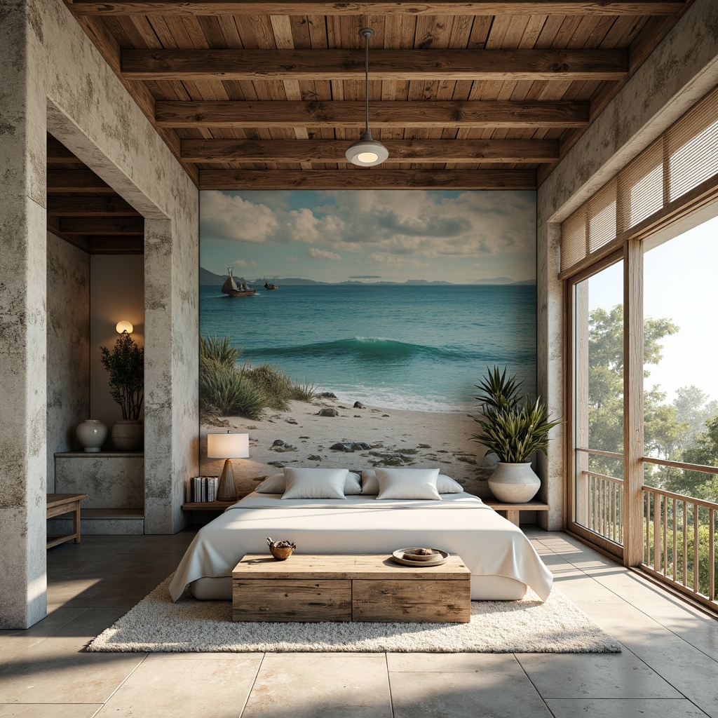 Prompt: Driftwood accents, weathered wooden planks, natural stone walls, sea-salt scrubbed concrete, ocean-inspired mural, soft sandy dunes, beachy keystone textures, distressed finishes, coral reef patterns, shells and pebbles decorations, calming blue-green hues, sunny day, soft warm lighting, 3/4 composition, panoramic view, realistic textures, ambient occlusion.