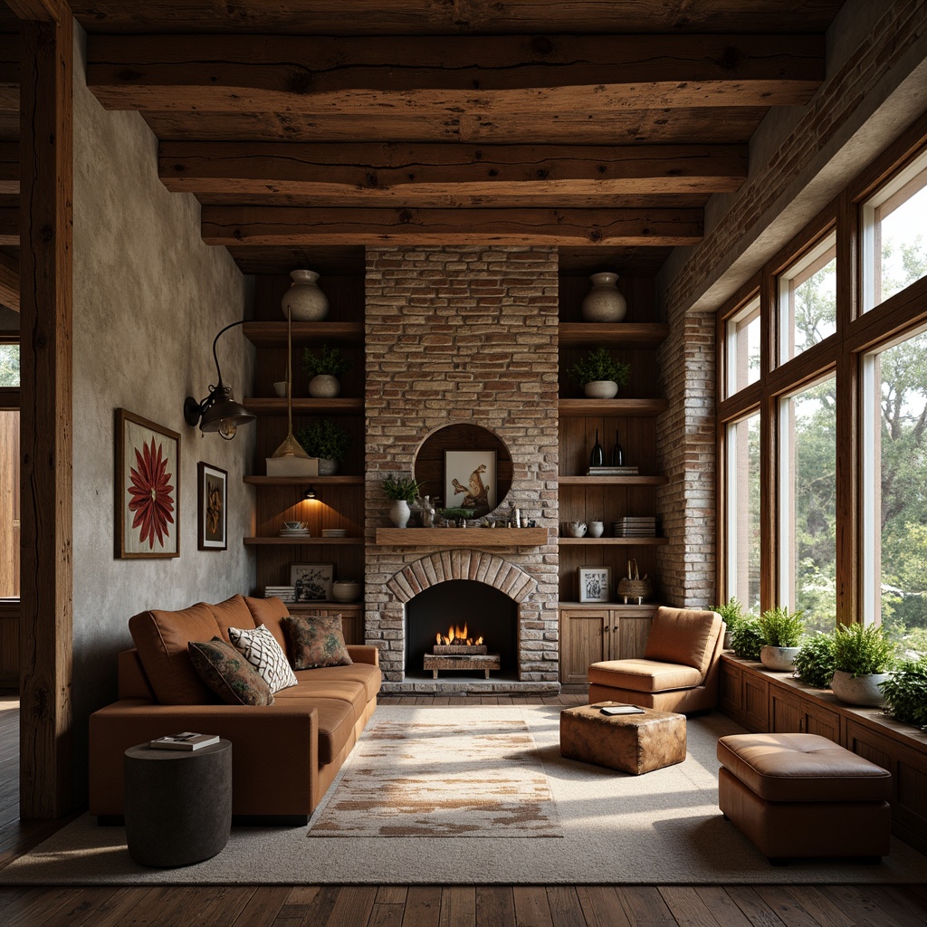 Prompt: Rustic wooden accents, distressed textures, earthy tones, natural stone walls, rough-hewn timbers, exposed brick, industrial chic, urban loft atmosphere, warm atmospheric lighting, shallow depth of field, 3/4 composition, realistic renderings, ambient occlusion.