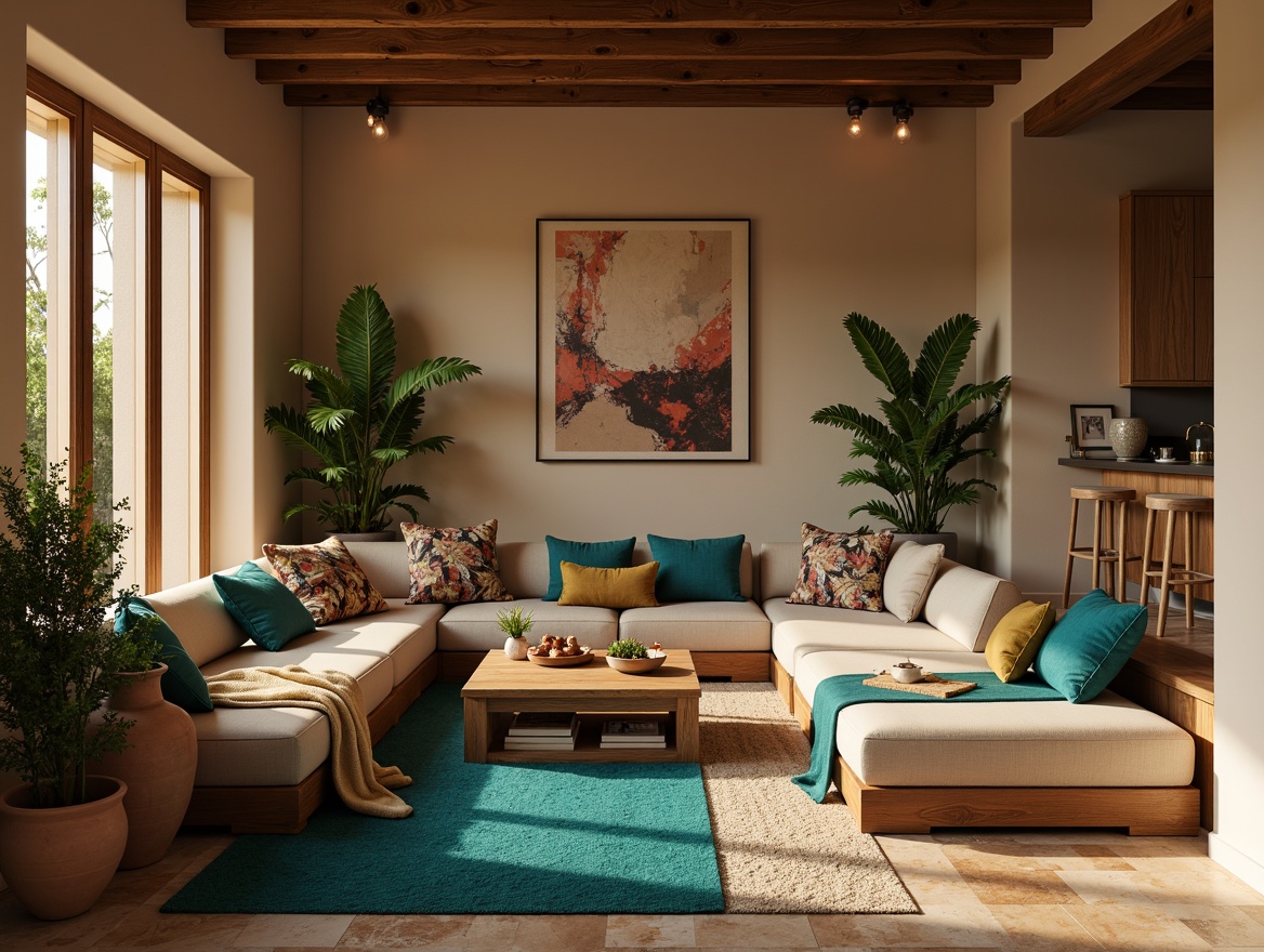 Prompt: Cozy living room, warm beige walls, rich walnut wood furniture, soft velvet textiles, vibrant turquoise accents, natural stone flooring, earthy terracotta vases, lush greenery, ambient warm lighting, shallow depth of field, 1/2 composition, realistic textures, subtle color grading.