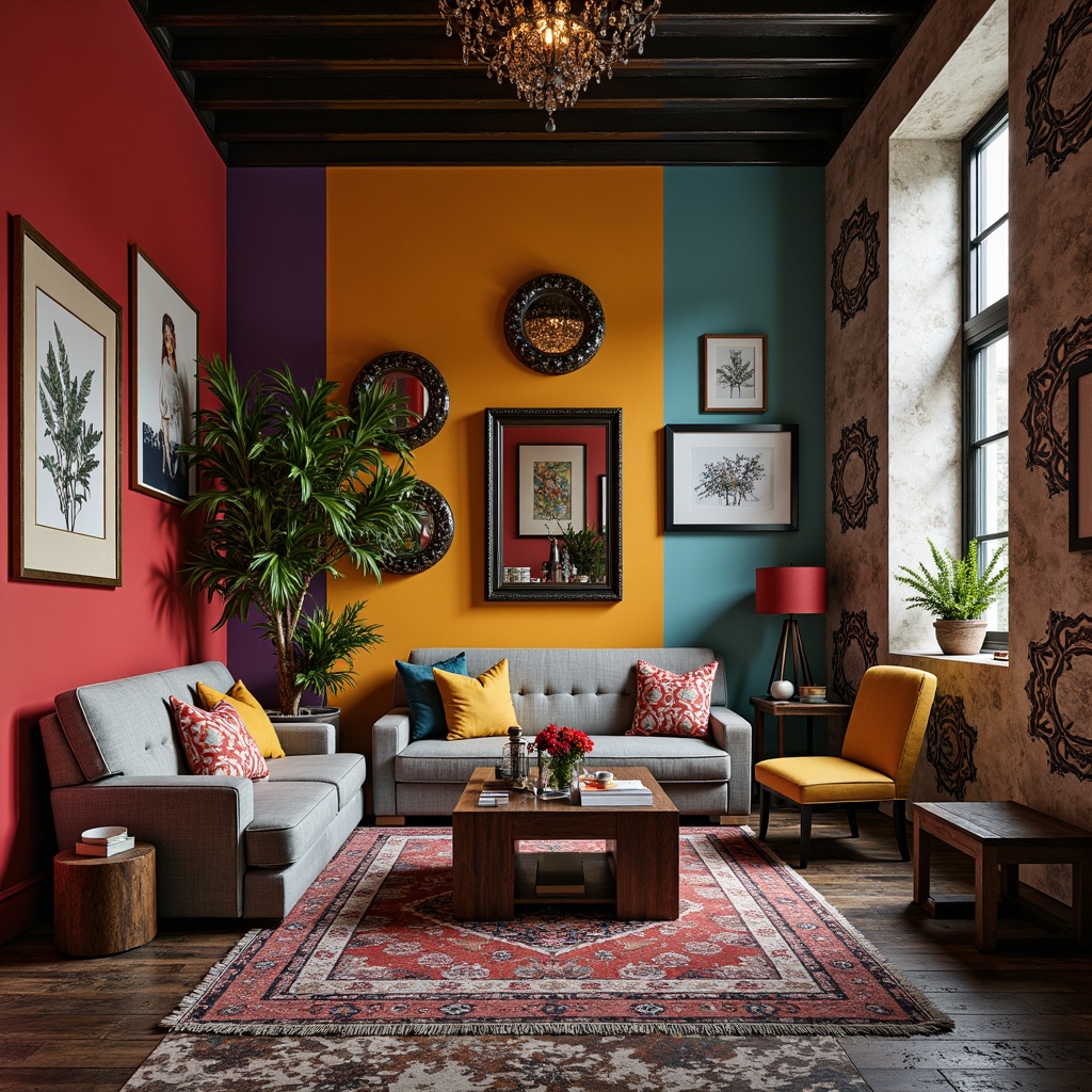 Prompt: Vibrant eclectic room, statement walls, bold color blocking, textured finishes, abstract art pieces, mix-and-match patterns, distressed wood accents, ornate mirrors, layered rugs, bohemian chic decor, Moroccan-inspired tiles, industrial metal beams, reclaimed wood planks, geometric wallpaper, oversized furniture, dramatic lighting fixtures, moody atmospheric shadows, cinematic composition, high-contrast imagery.