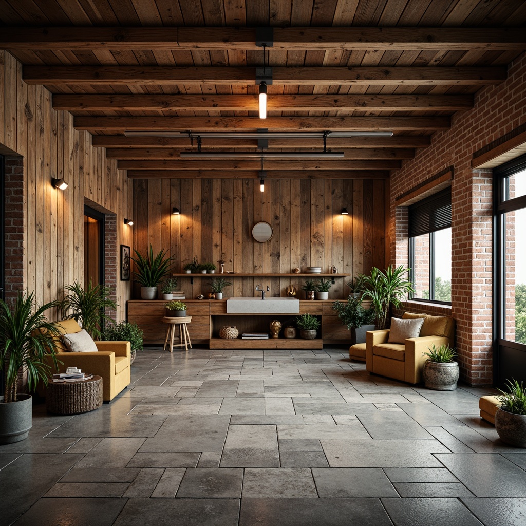 Prompt: Rustic garage interior, distressed wood accents, earthy color palette, natural stone flooring, rough-hewn wooden planks, reclaimed barnwood, exposed brick walls, metal beams, industrial-style lighting, warm cozy ambiance, softbox lighting, shallow depth of field, 3/4 composition, realistic textures, ambient occlusion.